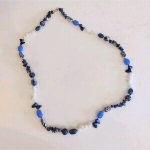 Chinese Blue White Bead Sodalite Chip Dyed Freshwater Pearl Necklace Sterling